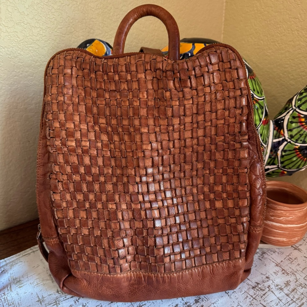 Slouchy Woven Leather Backpack by Vilenca Holland